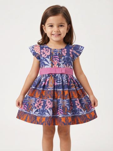 Girls Purple Tropical Printed Cotton Dress with Flutter Sleeves