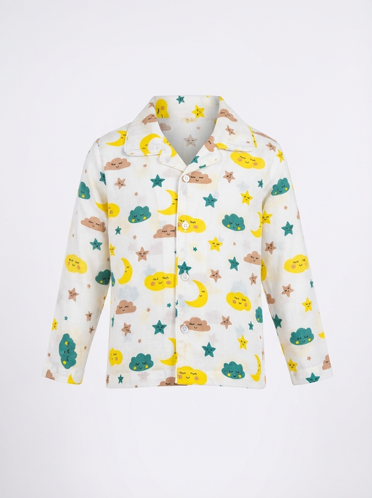 Cloud & Moon Print Night Suit - White