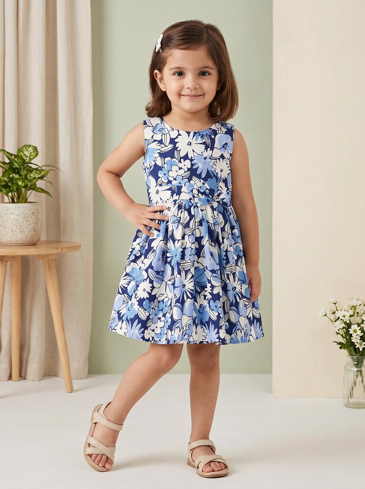 Girls Blue & White Floral Print Dress