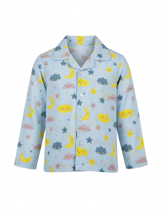 Cloud & Moon Print Night Suit - Blue