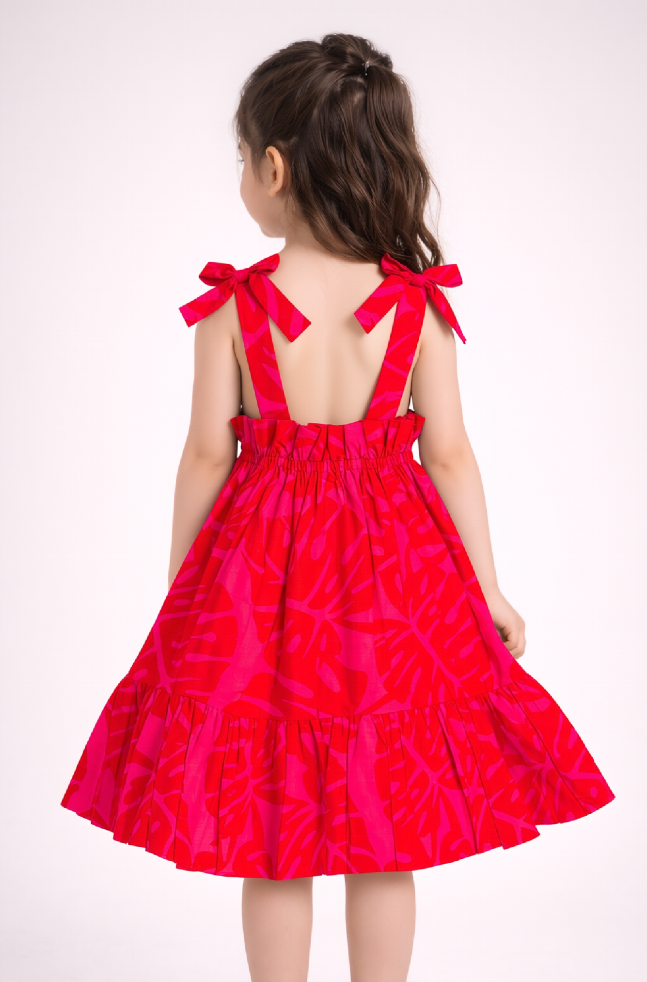 Tropical Leaf Tiered Dress - Red