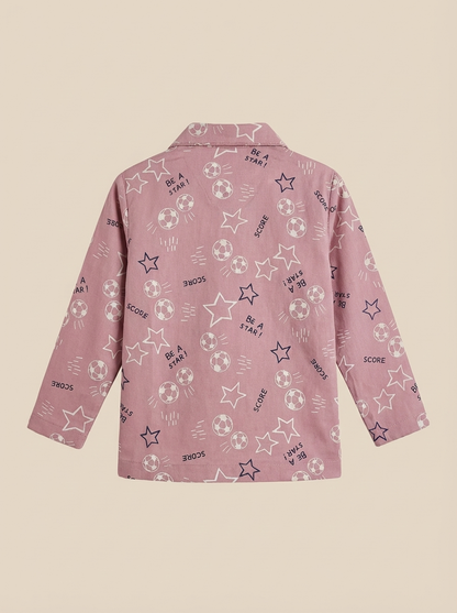 Football & Star Print Night Suit - Dusty Rose