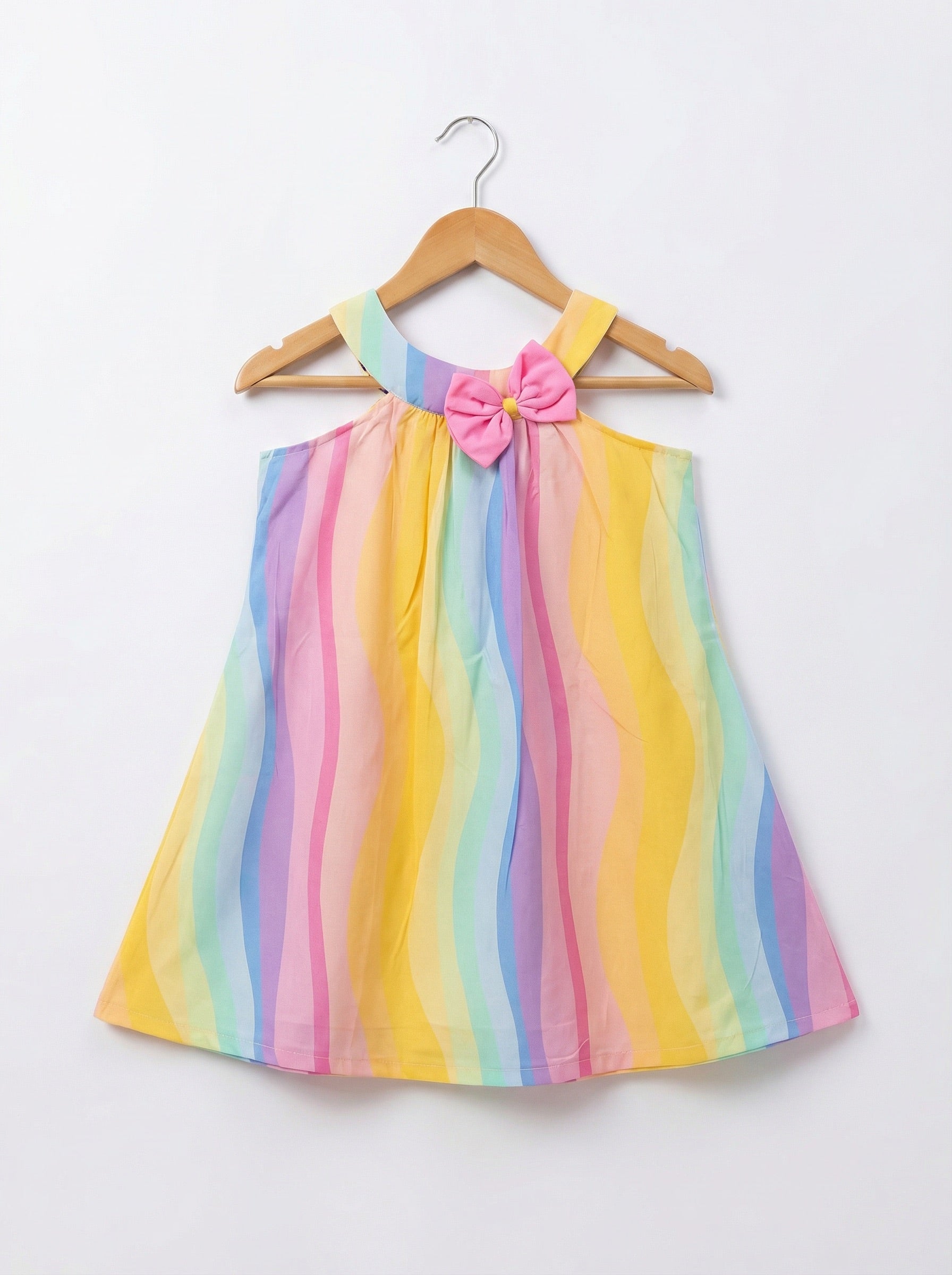 Girls Pastel Striped Wavy Print Cotton Halter Neck Dress