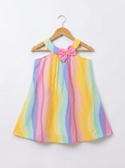 Girls Pastel Striped Wavy Print Cotton Halter Neck Dress