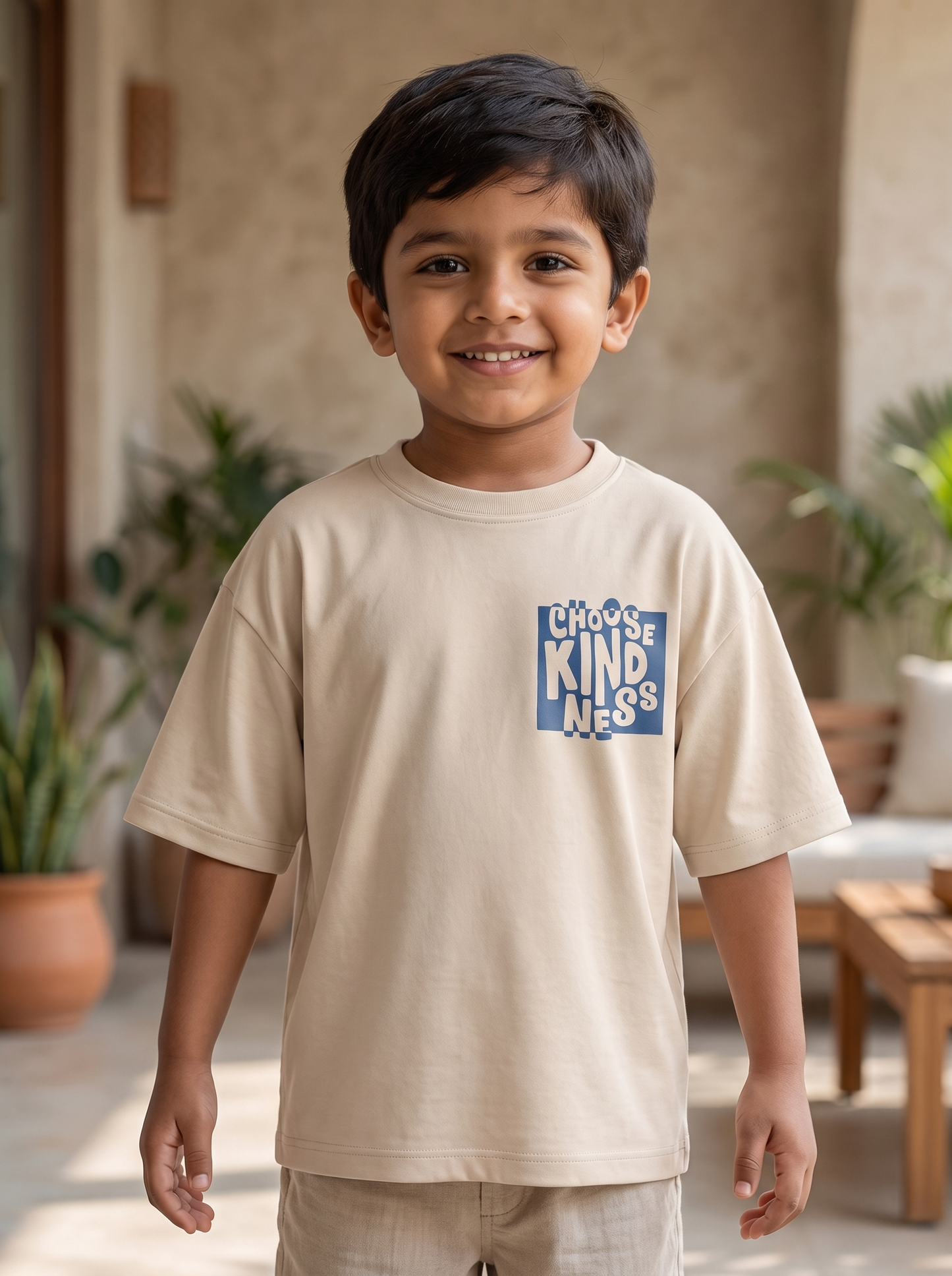 Boys Graphic Printed Drop-Shoulder Cotton T-Shirt - Beige (B)