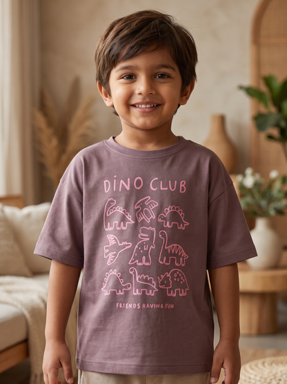 Boys Graphic Printed Drop-Shoulder Cotton T-Shirt - Mauve (A)
